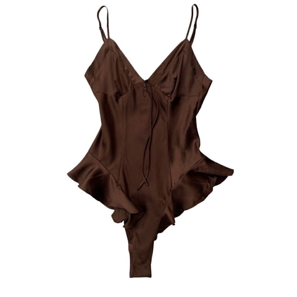 SKIMS Women's Silk Ruffle Loungewear Teddy Bodysuit Coaco Size XXS AP-ONE-0672